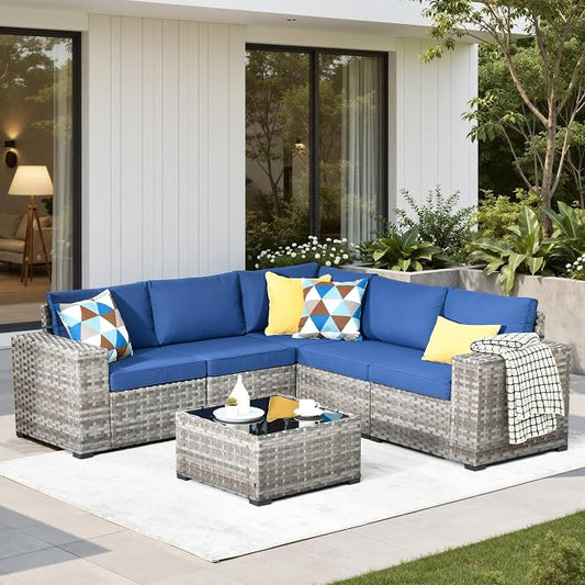 6 Pieces Patio Furniture Set, Wicker Outdoor Sectional Sofa with Coffee Table Comfy Cushions, Modern Modular Deep Seat Rattan Couch Conversation Set for Backyard Porch Yard,Navy Blue