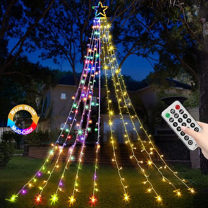 Christmas String Lights 320 LED Christmas Decorations Star Waterfall Lights with 11 Modes Remote Control for Tree Wall Yard Wedding Party (Warmwhite+Multicolored)