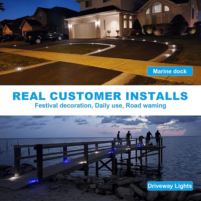 VOLISUN Solar Driveway Marker Lights Dock Marine Led Deck Outdoor 4 Pack | 2 Colors in 1,Solar Powered Waterproof Warning Step Lights for Pathway Garden Sidewalk Walkway (Blue/White)