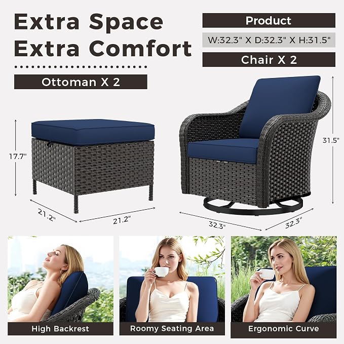 Outdoor Swivel Chairs Set with Ottomans, 4 PCS Patio Conversation Furniture Set with Removable Cushions, All-Weather Wicker Furniture for Porch, Backyard, Deck, Sunroom (Navy Blue)