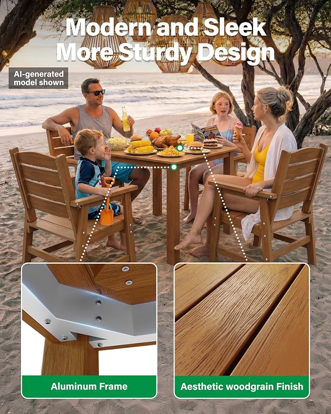 YEFU HIPS Outdoor Table and Chairs : Square Family-Friendly Patio Dining Sets - 5-Piece All-Weather Easy-Clean Outdoor Dining Set - Modern Furniture for Garden Deck Backyard Poolside（Teak）