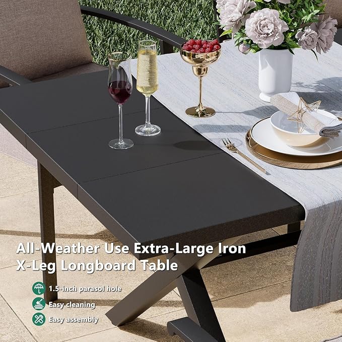 Kullavik 7 Pieces Outdoor Dining Set,Patio Dining Table and Chairs Set for 6,Fence Pattern Back Chairs with Thickened Cushions & Rectangular Metal Dining Table with Umbrella Hole,Sand
