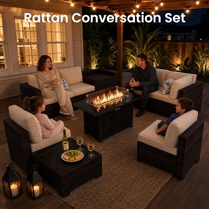 8-Piece Modular Patio Furniture Set with Storage Box Outdoor Sectional Sofa | Patio Conversation Set with Coffee Table, PE Rattan Wicker Couch with Waterproof Cushions for Backyard, Deck & Porch, Beige