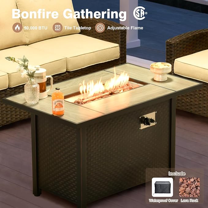 ovios 6 Pieces Patio Furniture Set, Outdoor Wicker Sofa Couch with 42" Fire Pit Table Comfy Cushions, All Weather Brown Rattan Conversation Set for Backyard Deck, Beige
