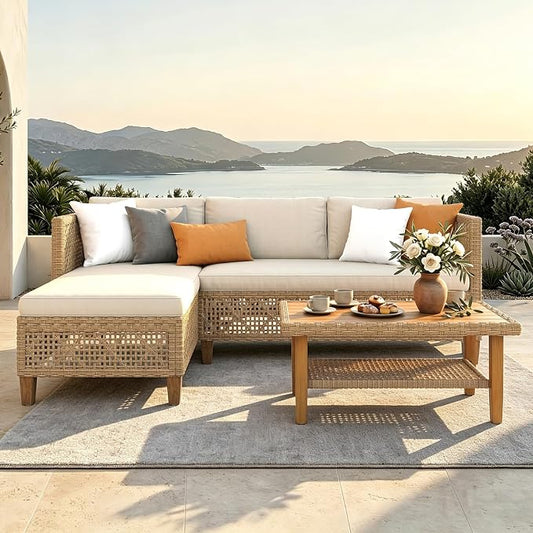 MFSTUDIO L Shaped Outdoor Couch Set, Wicker Patio Furniture Set, Rattan Outdoor Sectional Sofa with Acacia Wood Coffee Table, 3 Pieces Small Patio Conversation Set for Backyard, Beige