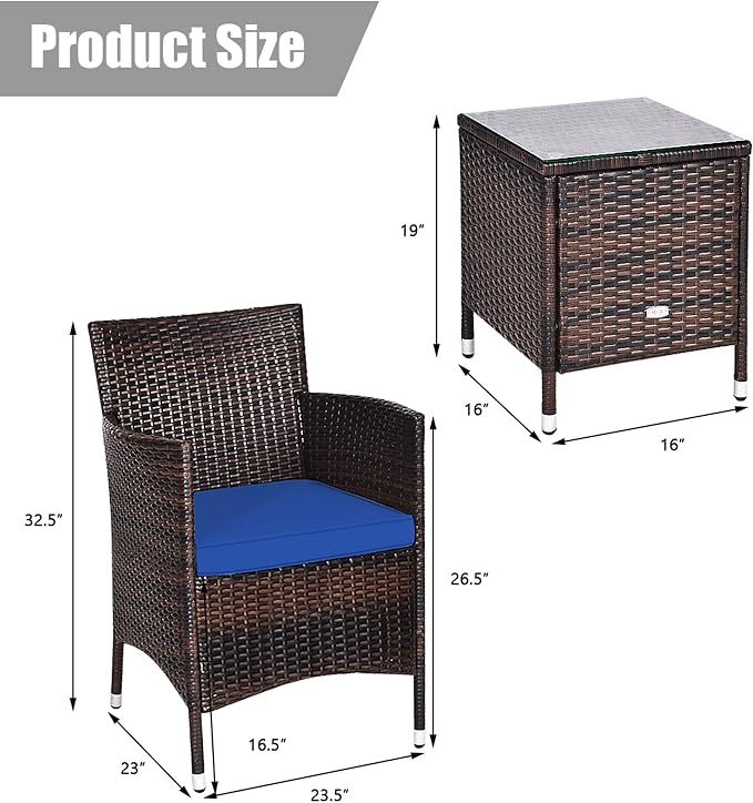 DORTALA Wicker Patio Furniture Set 3 Piece, Small Outdoor Table & Chairs Set with Cushions, All-Weather Rattan Conversation Bistro Set for Balcony, Porch, Backyard, Deck, Navy
