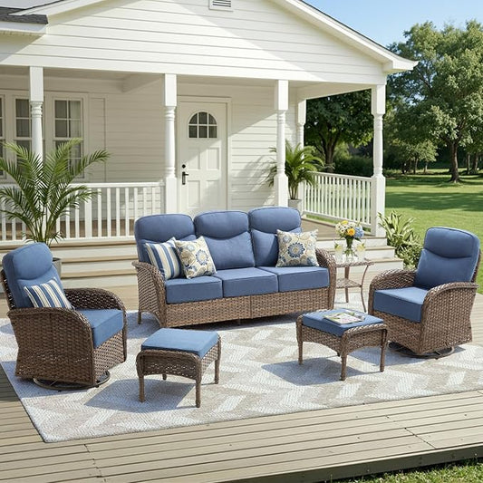 Luxury Outdoor Patio Furniture Set with 6-Inch Thick Cushions, 6 Pieces All-Weather Wicker Outdoor Furniture with Outdoor Rocking Chair, Outdoor Patio Conversation Sets for Garden Porch Deck, Blue