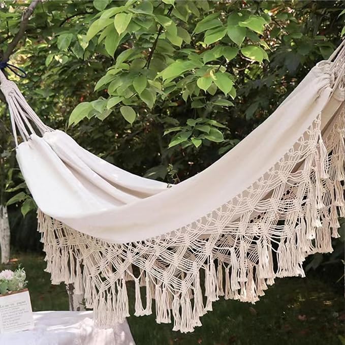 Handmade Cotton Woven Hammock, Portable Boho Canvas Swing with Tassels for Indoor and Outdoor Use, Perfect for Patio, Yard, Garden, and Camping