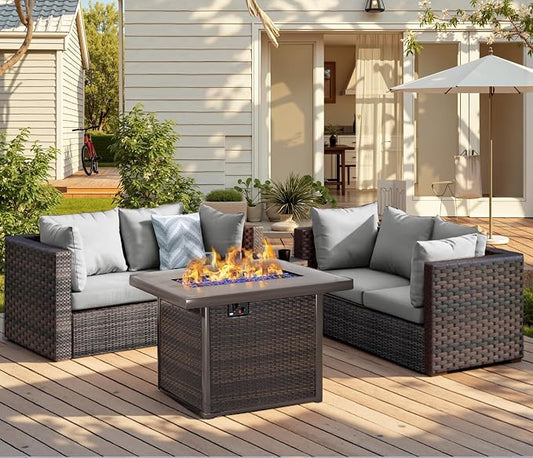 Patio Furniture Set with Fire Pit Table 5 Piece All Weather PE Rattan Outdoor Sectional Sofa Couch with 4 x arm Sofa, No-Slip Cushions for Garden, Poolside, Backyard (Gray)