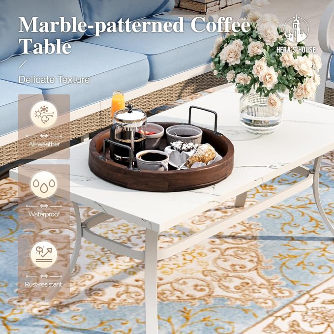 HERA'S HOUSE Patio Furniture Set with Metal & Rattan Design 4 Pieces, 2 x Swivel Chairs, 1 x 3-Seat Sofa & Marble Coffee Table, All-Weather Outdoor Conversation Set for Garden Backyard Lawn, Blue