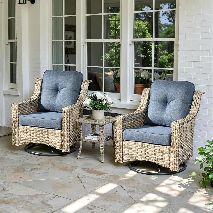 3 Piece Patio Furniture Set, Outdoor High Back Swivel Rocker Chairs Set of 2 with Side Table, All Weather Wicker Glider Chair with Thick Cushions for Backyard Balcony Porch, Denim Blue