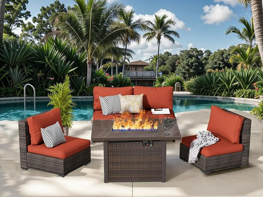 Grezone 5 Piece Patio Furniture Set with 44" Fire Pit Table, Outdoor Sectional Couch, PE Rattan Patio Conversation Sets with 4inch Cushions for Backyard Red