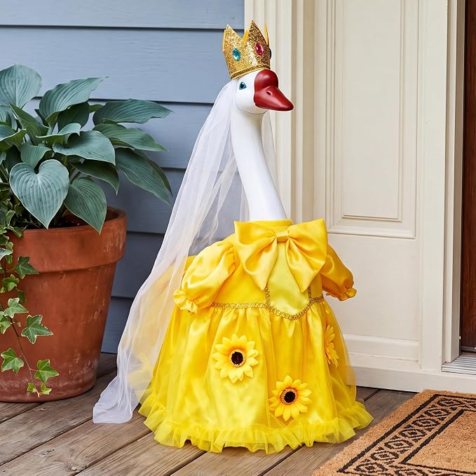 Porch Goose Statue with Princess Outfits - Cute Resin Goose Figurine with Yellow Princess Dress and Crown, Waterproof Weather Resistant Garden Decor for Patio Lawn Room, Gift for Women Goose Lovers