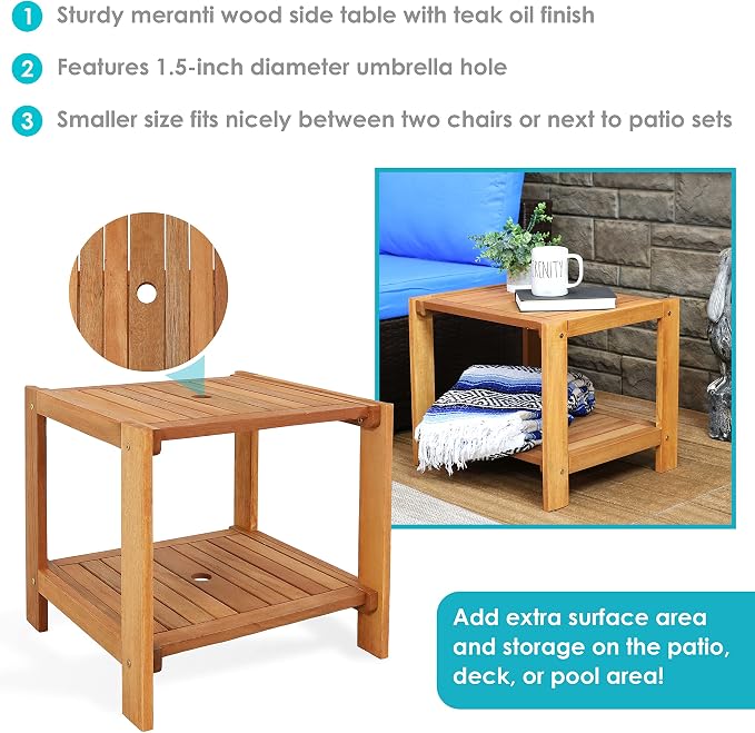 Sunnydaze 20-Inch Outdoor Side Table for Patio or Porch – Wooden Adirondack End Table with Umbrella Hole – Ideal for Holding Drinks & Balcony Essentials - Meranti Wood with Teak Oil Finish