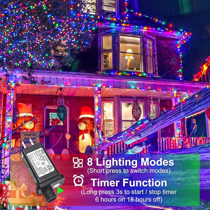 Multicolor Christmas Lights Outdoor, 66FT 200 LED Christmas Tree Lights | Waterproof 8 Modes Plug in Connectable String Lights for Outside Indoor Classroom Patio Yard Party Wedding Decorations