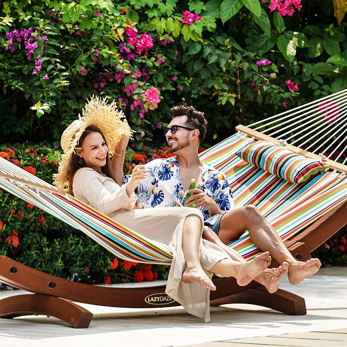 Lazy Daze Hammocks Sunbrella Fabric Hammock with 13FT Wood Arc Stand, 2 Person Outdoor Hammock Combo with Free Pillow, All Weather & Fade Resistant, for Patio Yard, 450 lbs Capacity, Carousel Confetti