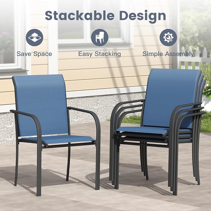 VICLLAX 11 Pieces Patio Outdoor Dining Set, 63" Round Metal Table with Umbrella Hole and 10 Stackable Textilene Chairs for Patio, Lawn, Garden, Porch, Black/Dark Blue