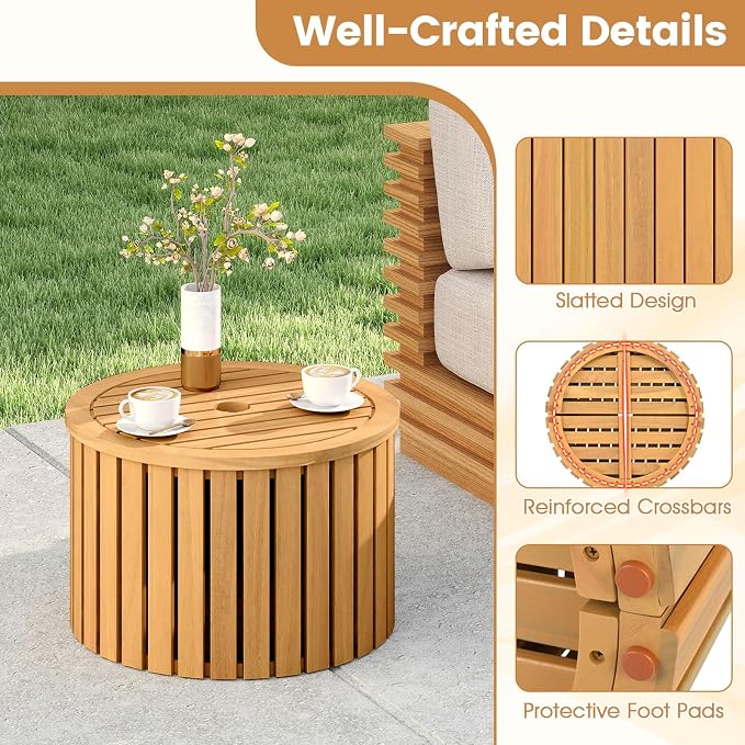Tangkula 2-in-1 Outdoor Side Table with Storage, Acacia Wood Slatted Coffee Table with Umbrella Hole & Removable Base, Round Slatted End Storage Box for Backyard, Poolside