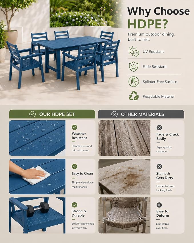 5 Piece HDPE Outdoor Dining Set for 4, Patio Dining Furniture Set with 2” Umbrella Hole, Weather Resistant Outdoor Table and Chairs for Garden, Poolside, Backyard, Deck