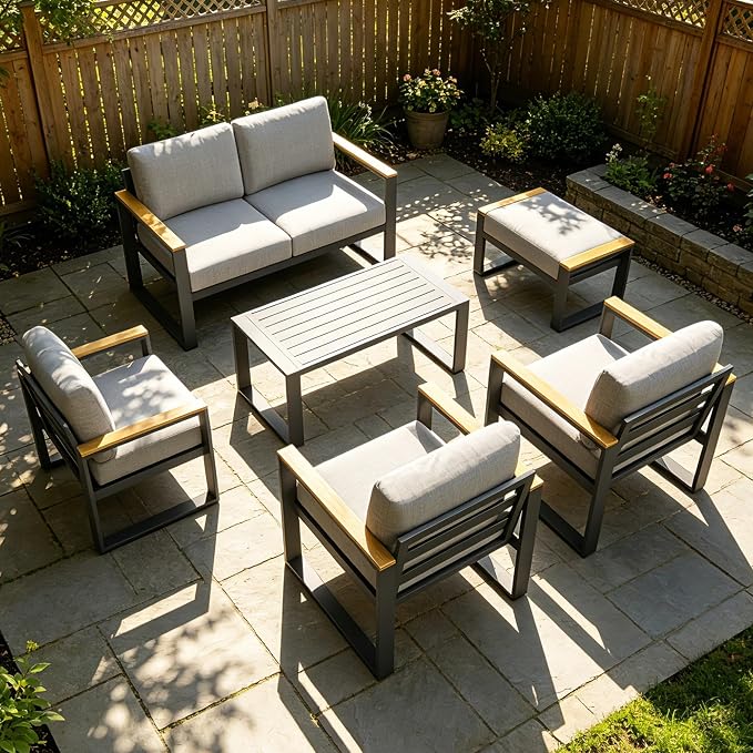 IDEALHOUSE Aluminum Outdoor Patio Furniture - 1 Pcs Loveseat and Coffee Table, All-Weather Metal Modern Outside Furniture with Washable Thick Cushion for Balcony, Garden, Deck, Backyard,Gray