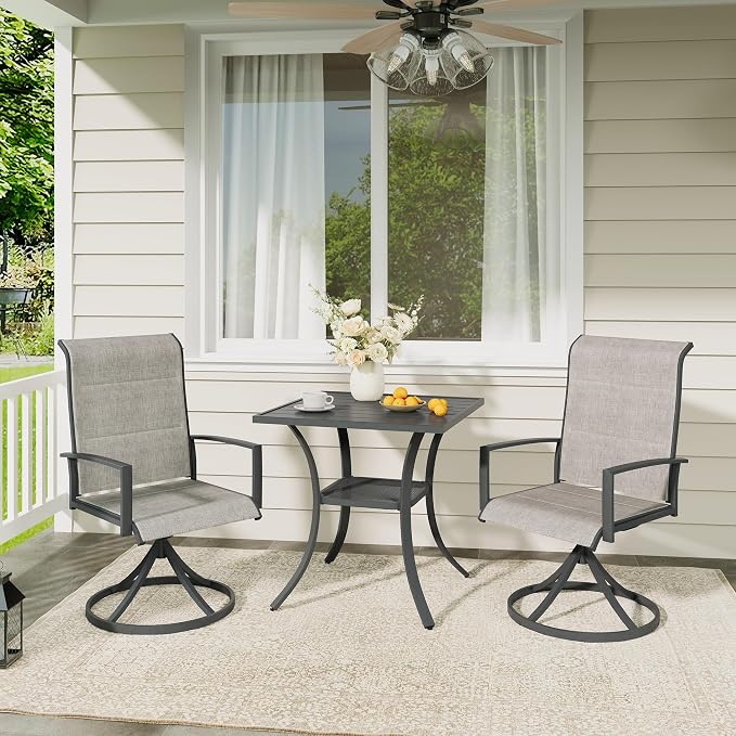 VICLLAX 3 Pieces Outdoor Dining Set, Patio Furniture Set Includes 27.6" Square Metal Table and 2 Padded Textilene Swivel Chairs for Porch, Lawn, Garden, Backyard