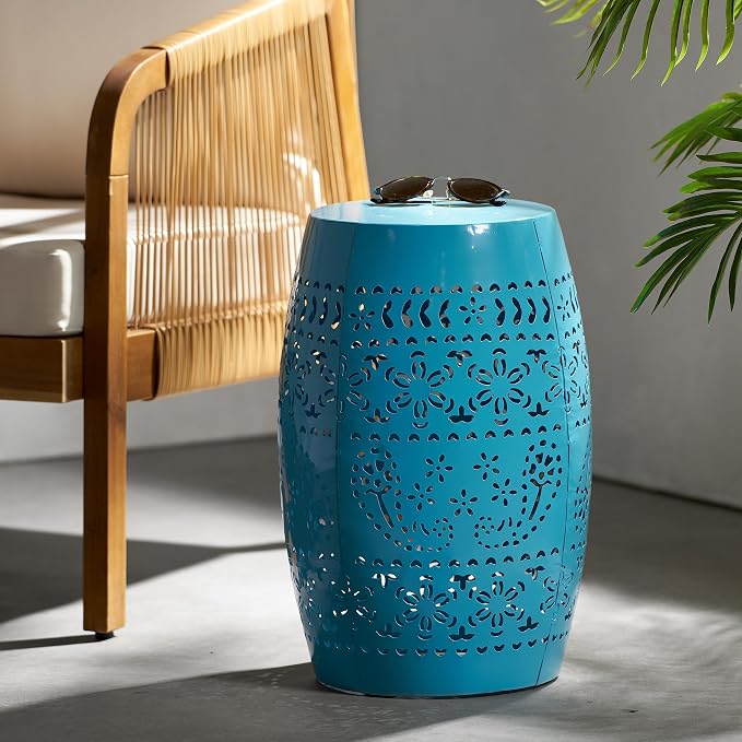 12" Outdoor Side Table, Metal Cutout Drum Side Table, Patio Garden Stool | Coffee End Tables for Small Spaces, Living Room, Backyard, Poolside