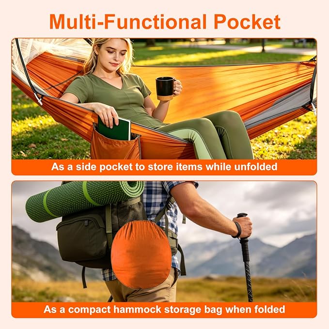 Camping Hammock with Mosquito Net, 3 in 1 Portable Hammock Tent 440lbs Capacity Attached Storage Pocket Single Nylon Hammock Set for Outdoor Travel Camping Hiking Backpacking (Orange Grey)