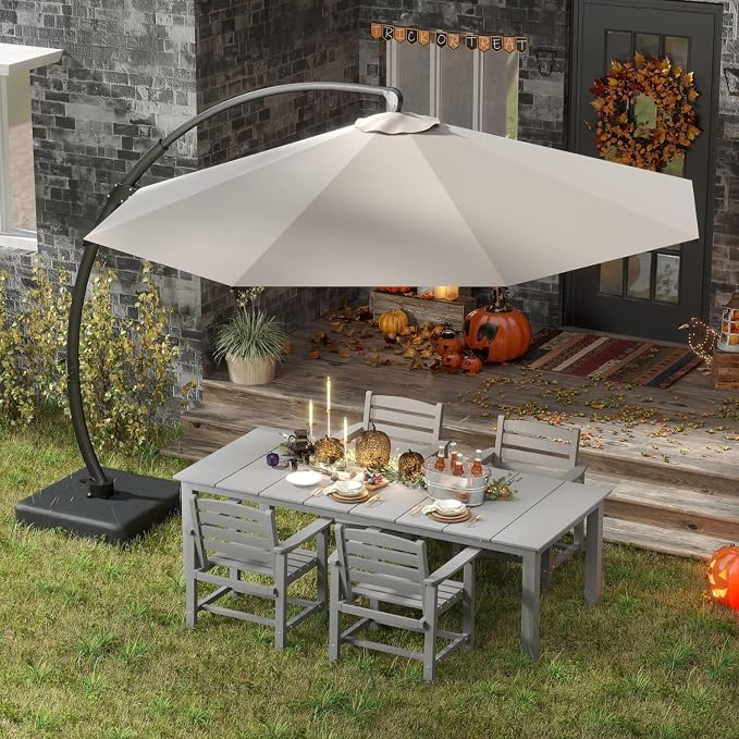 5-Piece Outdoor Dining Set with 11FT Umbrella for 4,Gray | 75.2'' HDPE table, chairs included, weather-resistant furniture with hole, ideal for lawn, poolside, yard, garden, deck