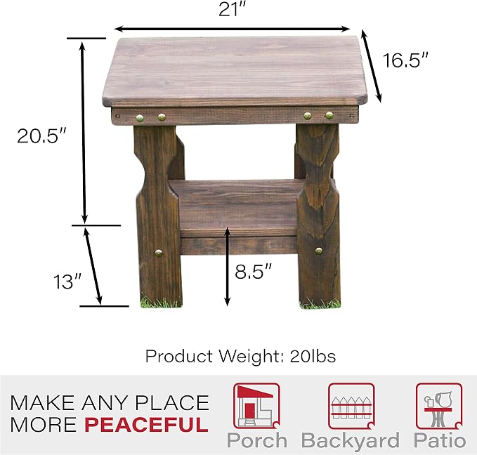 Amish Casual Heavy Duty Outdoor Wood End Table in Dark Walnut Stain - Quality Crafted in The USA from Treated Pine by Amish Artisans
