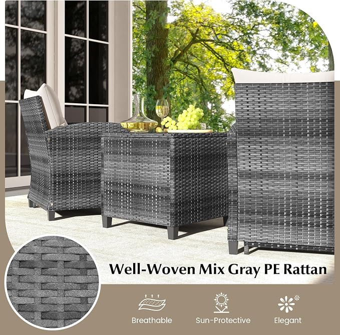 Tangkula 5 Pieces Patio Conversation Set, PE Wicker Rattan Outdoor Furniture Set with 2 Chairs, 2 Ottomans & Tempered Glass Coffee Table, Ideal for Poolside, Backyard, Lawn, Deck, Mix Grey & Off White