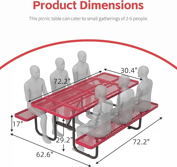 72" Outdoor Rectangular Picnic Table with Umbrella Hole, Heavy Duty Commercial Grade Steel Camping Table for Backyard Patio Deck, Weather-Resistant Red Metal Mesh