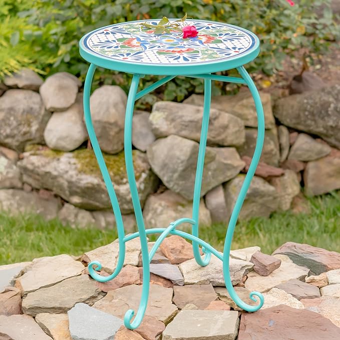 Zaer Ltd. Mosaic Tile Furniture with Teal Metal Frame and Patterned Tile Tops (Baton Rouge - Teal/Blue/Green, Pedestal Plant Stand)