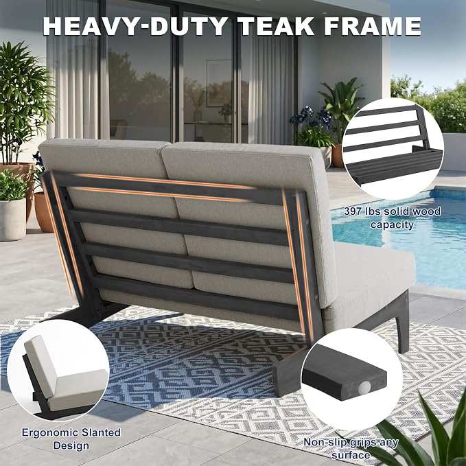 Pia Ricoo 4 Piece Patio Furniture Sets, Outdoor Loveseat Sofa Set with 2 Chairs & Coffee Table, Patio Conversation Set for Backyard, Deck, Lawn, Light Camel, Dark Wood