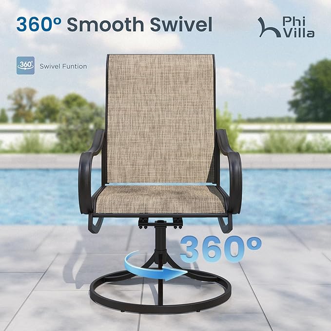 PHI VILLA 5 Pcs Patio Dining Set for 4, Swivel Mesh Chairs, Brown | 4 textilene dining chairs. 37" metal square table with umbrella hole, all weather E-coated metal frame for outdoor deck lawn