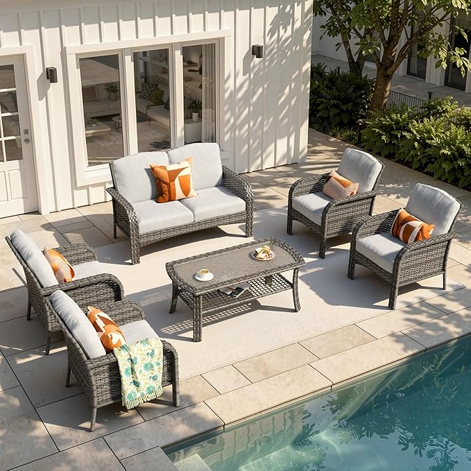 6-Piece Patio Furniture Set, Outdoor Wicker Furniture with Coffee Table, All Weather High Back Loveseat Patio Chairs, Modern Rattan Outdoor Chairs Conversation Set for Porch, Balcony, Garden,Grey