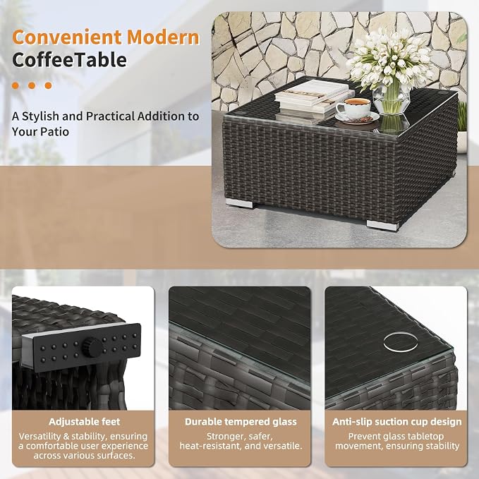 Oakcloud 7-Piece Outdoor Patio Furniture Black Rattan Wicker Sectional Sofa Conversation Set with Glass Top Table and Cushions (Brown)