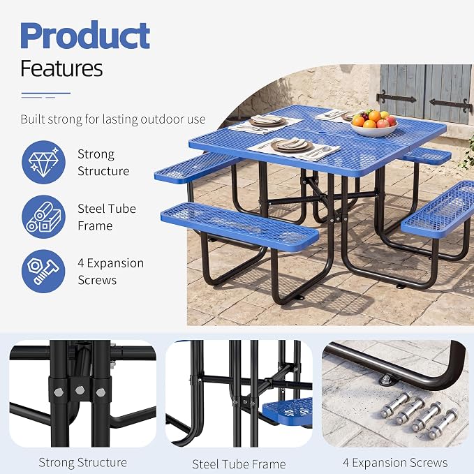 46" Square Metal Picnic Table with 1.73" Umbrella Hole, Commercial Steel Picnic Table, Heavy Duty Picnic Tables with Benches for Outdoor Garden Courtyard BBQ, Blue