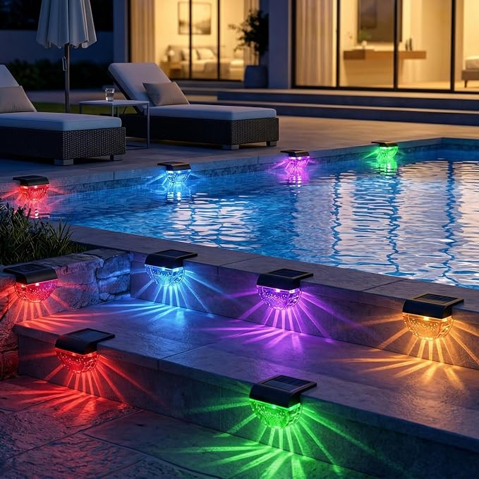 Melunar 8 Pack Solar Deck Lights Outdoor, Solar Step Lights Waterproof for Outside, Yard, Patio, Garden, Pool, Railing, Stairs, Fence (Color Changing)