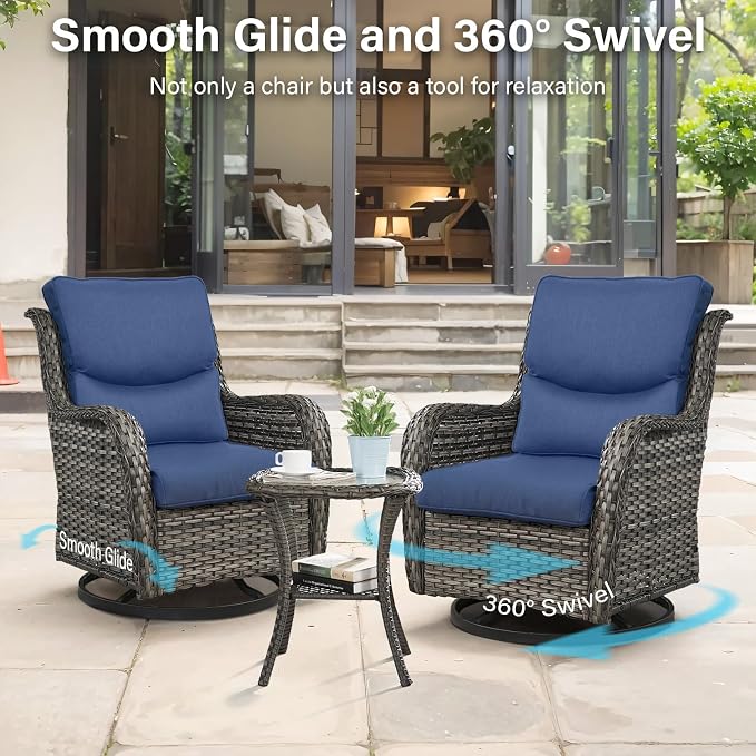 Outdoor Swivel Rocker Patio Chairs Set of 9 with 5" Thick Cushions,9 Piece Furniture Set with Fire Pit Table All Weather Wicker Conversation Set for Porch Deck - Grey Wicker | Blue Cushions