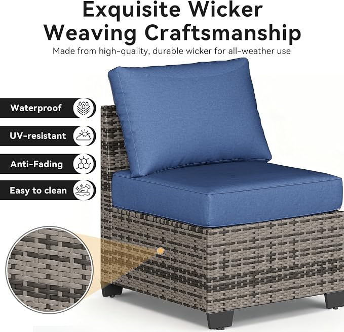 Aoxun Patio Furniture Set, 12 Pcs Outdoor Patio Furniture Sets with 4 in Thicken Cushion and Coffee Table, Widen Armrests Wicker Outdoor Sectional for Backyard & Garden, Navy Blue