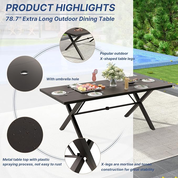 ALAULM 9-Piece Patio Dining Table and Chairs for 8 Outdoor Dining Set with 2 Swivel Chairs Patio Dining Sets with Rectangular Metal Table with Umbrella Hole for Patio, Backyard, Garden-Dark Blue