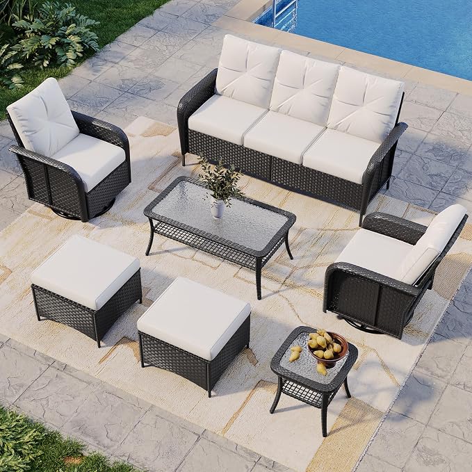 Aoxun 7-Piece Patio Furniture Set with Thick Cushions, Wicker Rattan Outdoor Sectional Sofa with High Back Swivel Rocker Chairs, Outdoor Patio Furniture Set with Coffee Table & Ottoman, Beige
