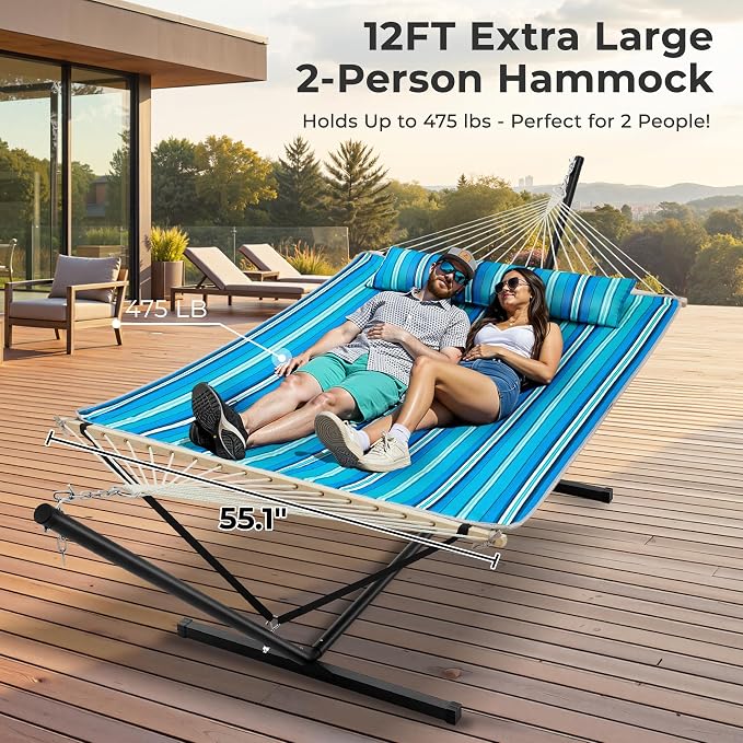 SUPERJARE 12ft Double Hammock with Stand, Rope Hammock for 2 Person, Detachable Hammock Bed and Pillow, Portable, Anti-Tip Safety Ropes, Carry Bag, Outdoor Backyard Patio, Turquoise Green Stripes