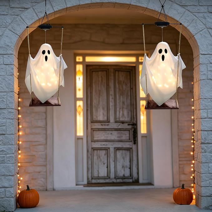 Halloween Decorations Outdoor Solar Hanging Swing Ghost Halloween Decor with String Lights, 2 Pack Scary Party Gifts Decor, Spooky Ghost on Swing Decorations for Yard Garden Porch Haunted House Tree