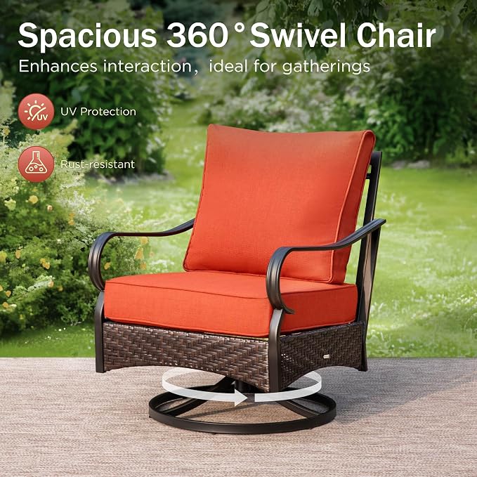 PHI VILLA Outdoor Modern Patio Furniture Set, Upgraded Wicker & Metal Patio Conversation Set with Waterproof Thick Cushions for Porch, Poolside, Yard (5 Pieces,Red)