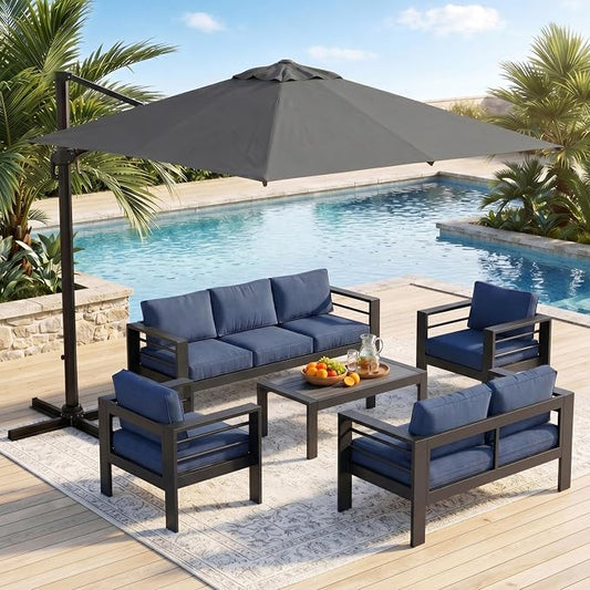 Wisteria Lane 6 Pieces Aluminum Patio Furniture Set with Umbrella, All Weather Oversized Outdoor Furniture Set with Deep Seat and Back Cushion, Patio Conversation Sets with Wide armrest, Blue & Gray