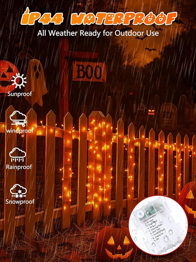 33FT 100 LED Battery Operated Halloween String Lights 8 Modes Twinkle Light | Orange Fairy Lights with Auto Timer, Battery Lights Waterproof for Indoor Outdoor Party Bedroom Porch Decorations