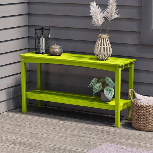 Costaelm Adirondack Outdoor Side Table, 55” HDPE Small Outside Table with Storage Shelf, Weather Resistant Outdoor Plant Shelf, Porch Table and Outdoor Table for Pool & Yard, Lime