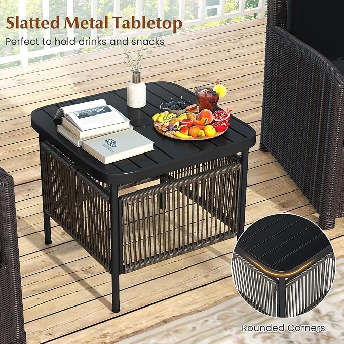 HAPPYGRILL Outdoor Side Table with Umbrella Hole 1.57”, Square Rattan Wicker Coffee Bistro End Table Umbrella Stand, for Backyard Poolside Garden (1)