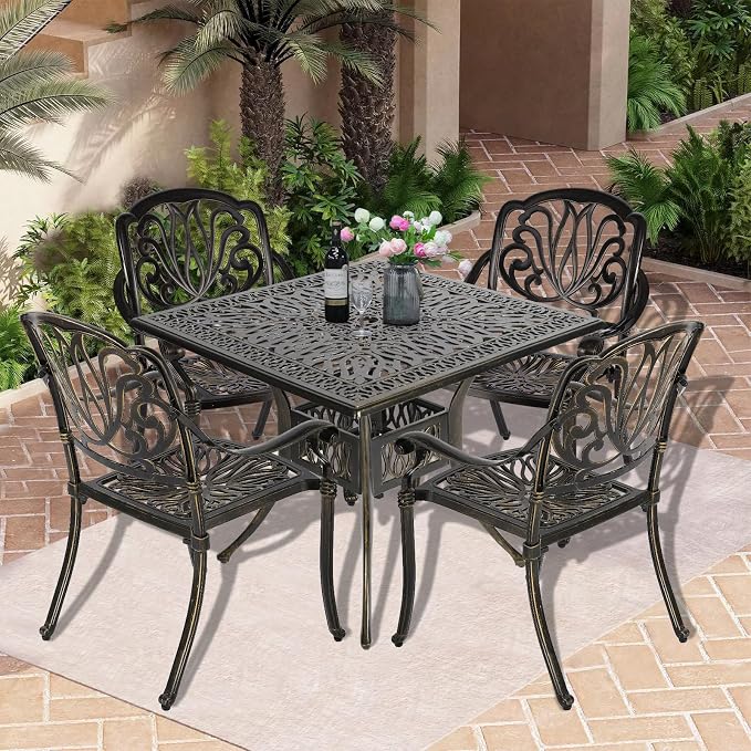 5-Piece Outdoor Patio Dining Set, All-Weather Cast Aluminum Patio Conversation Set, Includes 35.4 inch Square Table w/Umbrella Hole and 4 Chairs for Balcony Lawn Garden, Antique Bronze